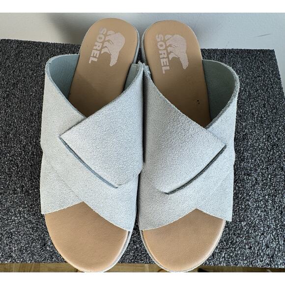 SOREL Women’s Cameron Flatform Mule Sandal In A Light Blue Suede Material Size 7 - Picture 8 of 8